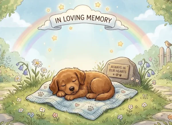 A heartwarming illustration in a watercolor-pencil style of a sleeping Golden Retriever puppy in a tranquil meadow. Above a blooming arch of wildflowers, a scroll banner reads "IN LOVING MEMORY,"vThe puppy, Oliver, rests comfortably on a patterned light blue blanket with paw prints and hearts. He is surrounded by lush green grass, daisies, and bluebells. In the background, a soft rainbow arches across a sun-dappled sky with clouds and trees. A little bird is perched on a wooden fence to the right, and next to it, a small rock-shaped memorial stone is engraved with "ALWAYS IN OUR HEARTS" and two hearts. The entire scene is framed by a delicate floral and leaf border.